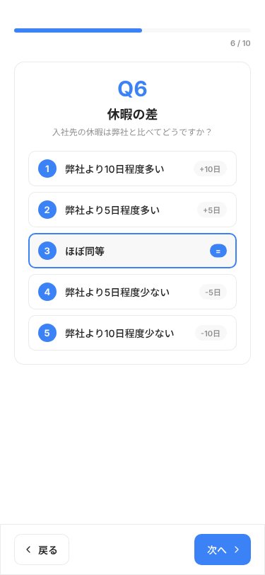 辞退者アンケート Q6 休暇の差を選択する画面